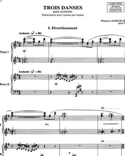 Trois Danses 2 Pianos 4 Hands Score (orig For Orch) Transcr By Durufle